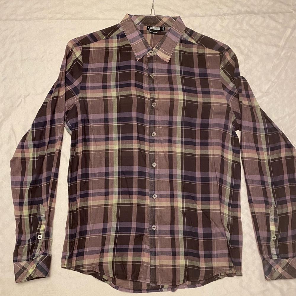 Alkemy Men’s Button Down, Size S, Black/Purple Plaid, Semi-Sheer